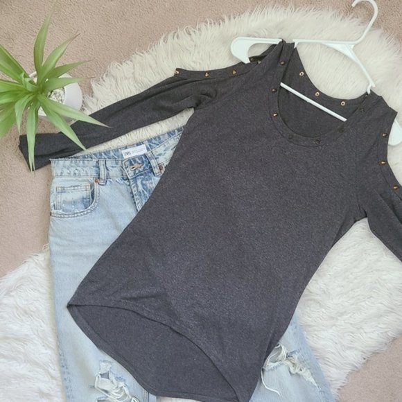 Gray studded tunic high to low long sleeve tunic - Picture 1 of 8